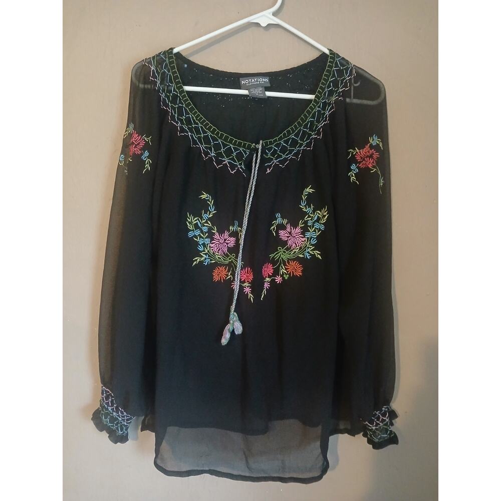 Notations Womens Medium Black Gauze Embroidered Blouse Top Floral Boho Peasant